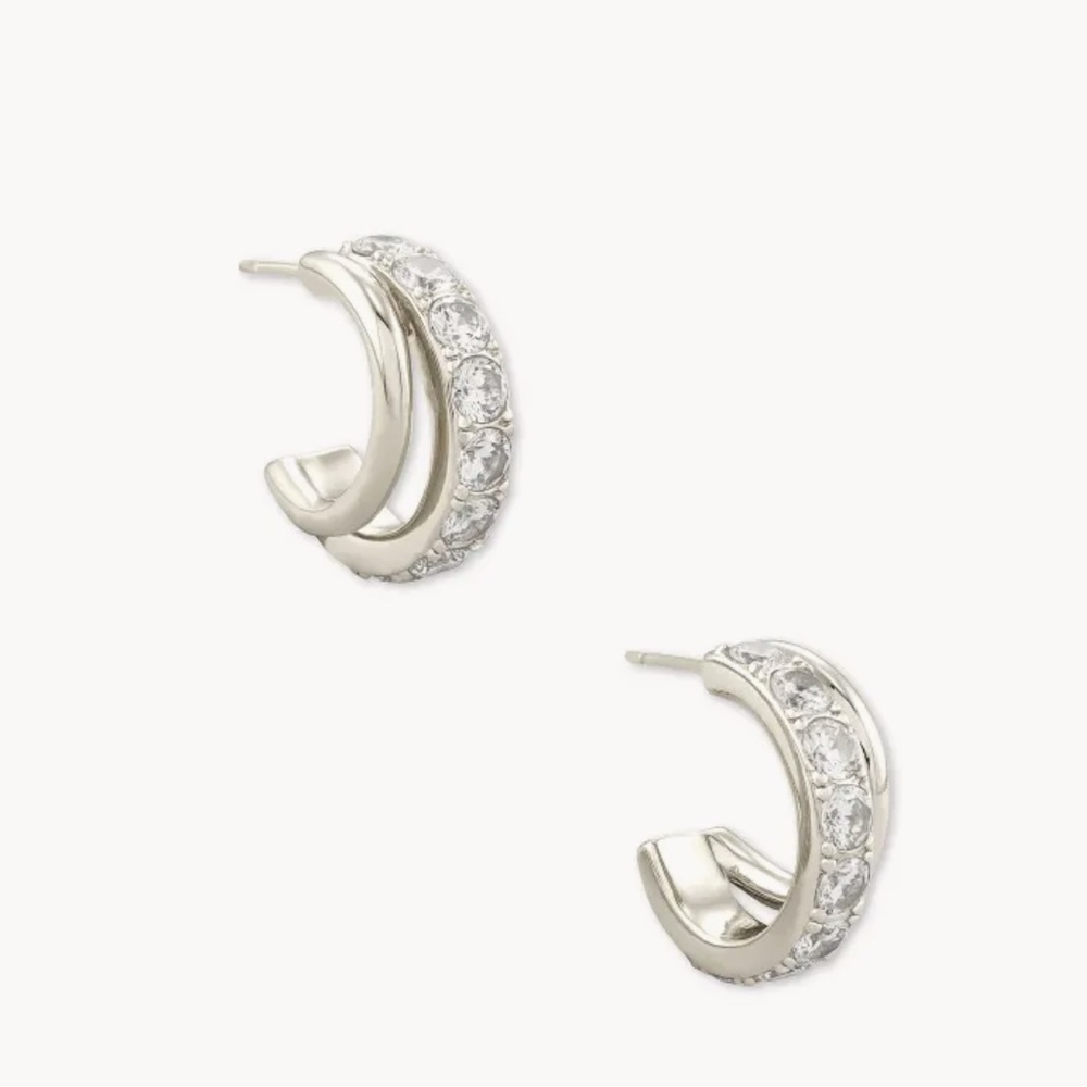 Kendra Scott NWT Livy Silver Double Huggie Earrings In White Crystal
